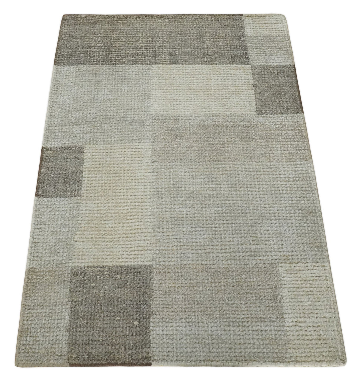 Modern Geometrical Hand knotted 2x3 Gray, Beige and Silver Area Rug