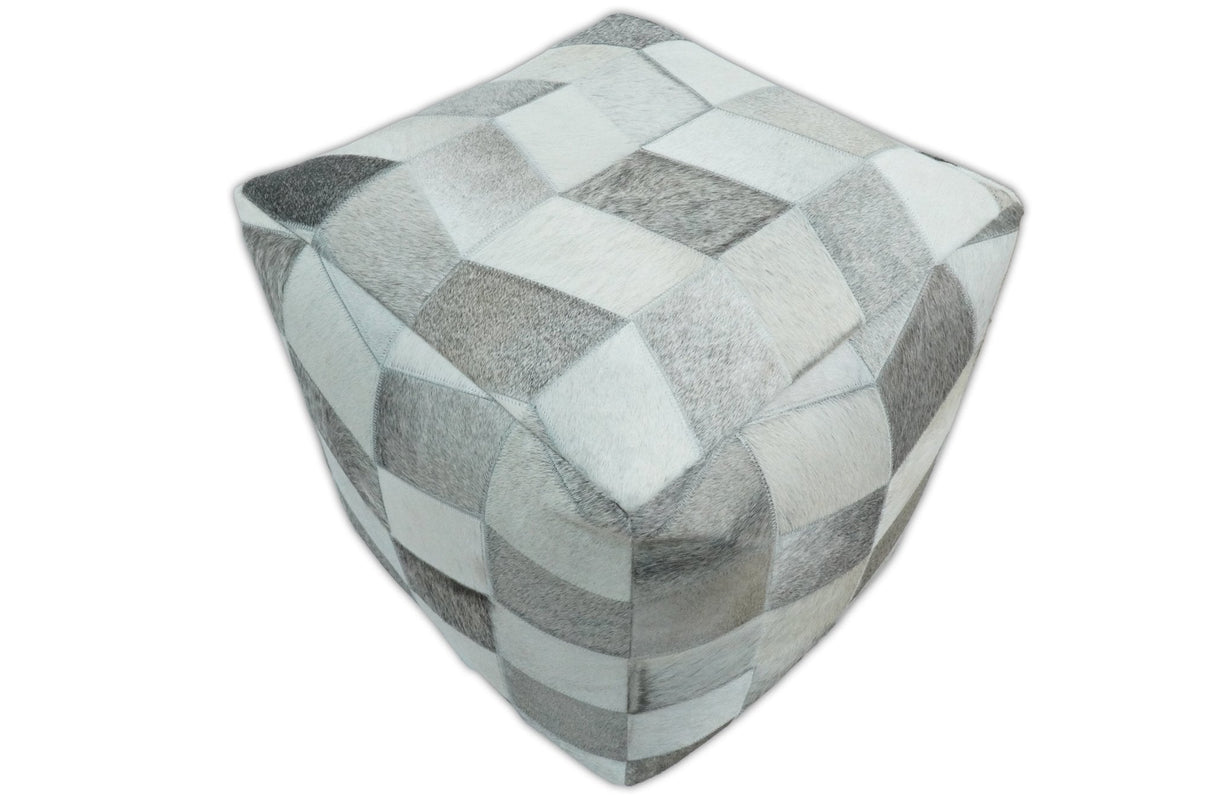 Modern Geometrical Ivory and Gray Genuine Leather Luxury Pouf