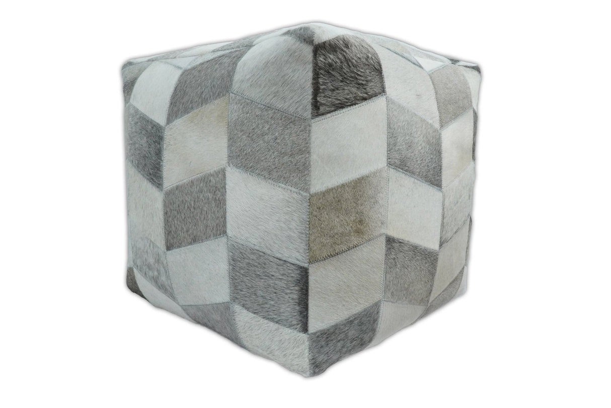 Modern Geometrical Ivory and Gray Genuine Leather Luxury Pouf