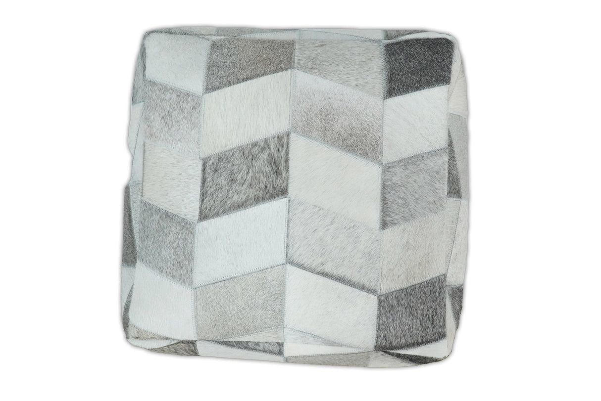 Modern Geometrical Ivory and Gray Genuine Leather Luxury Pouf