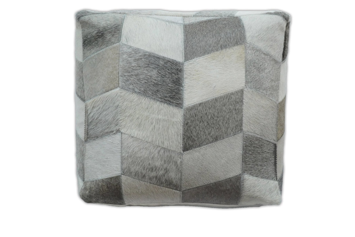 Modern Geometrical Ivory and Gray Genuine Leather Luxury Pouf