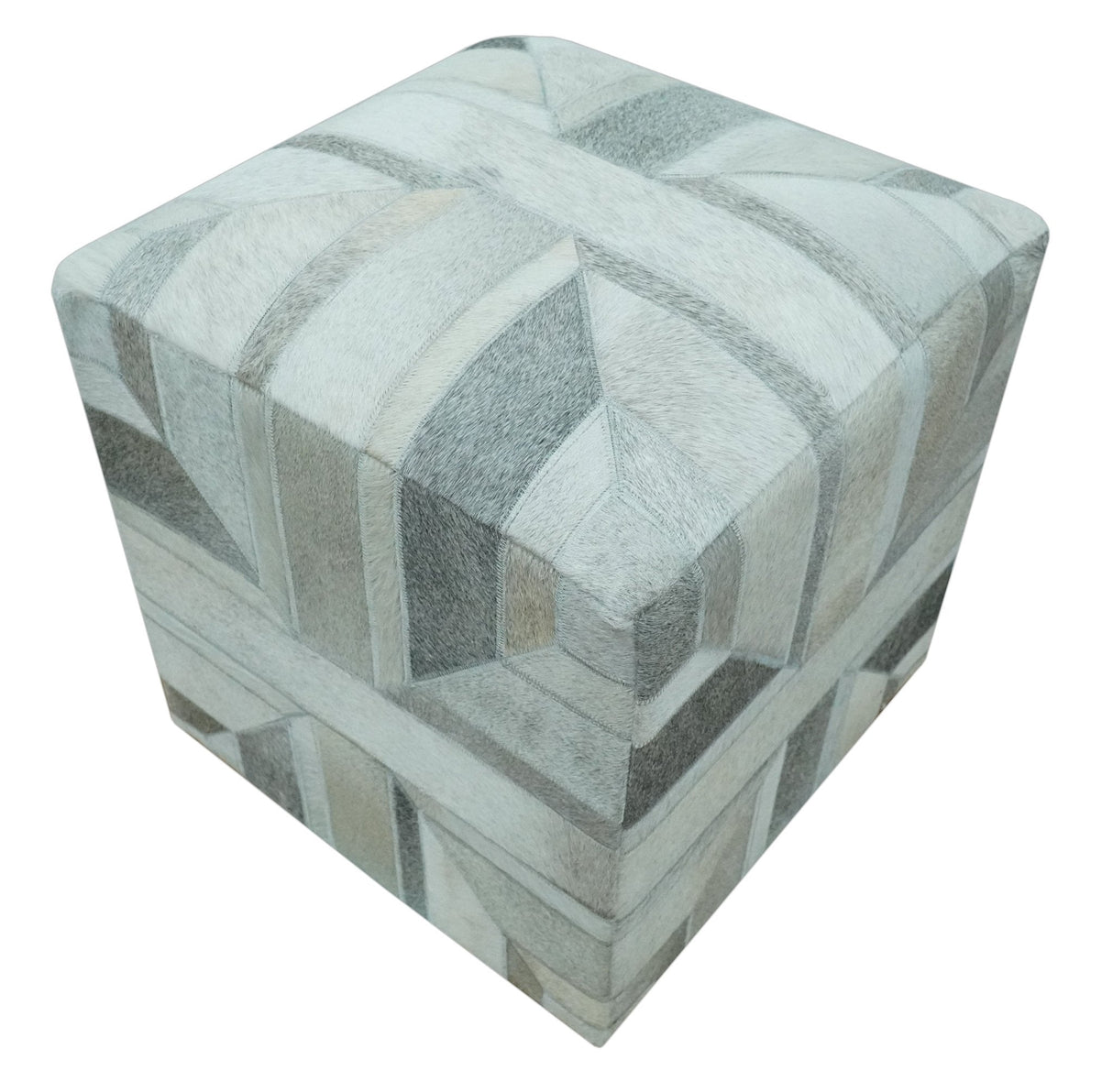 Modern Geometrical Ivory, Gray, Beige Genuine Leather Pouf
