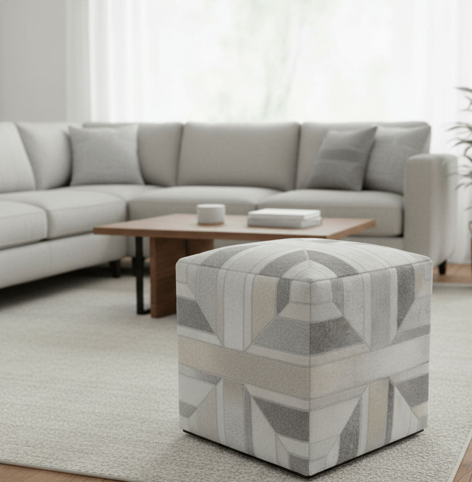 Modern Geometrical Ivory, Gray, Beige Genuine Leather Pouf