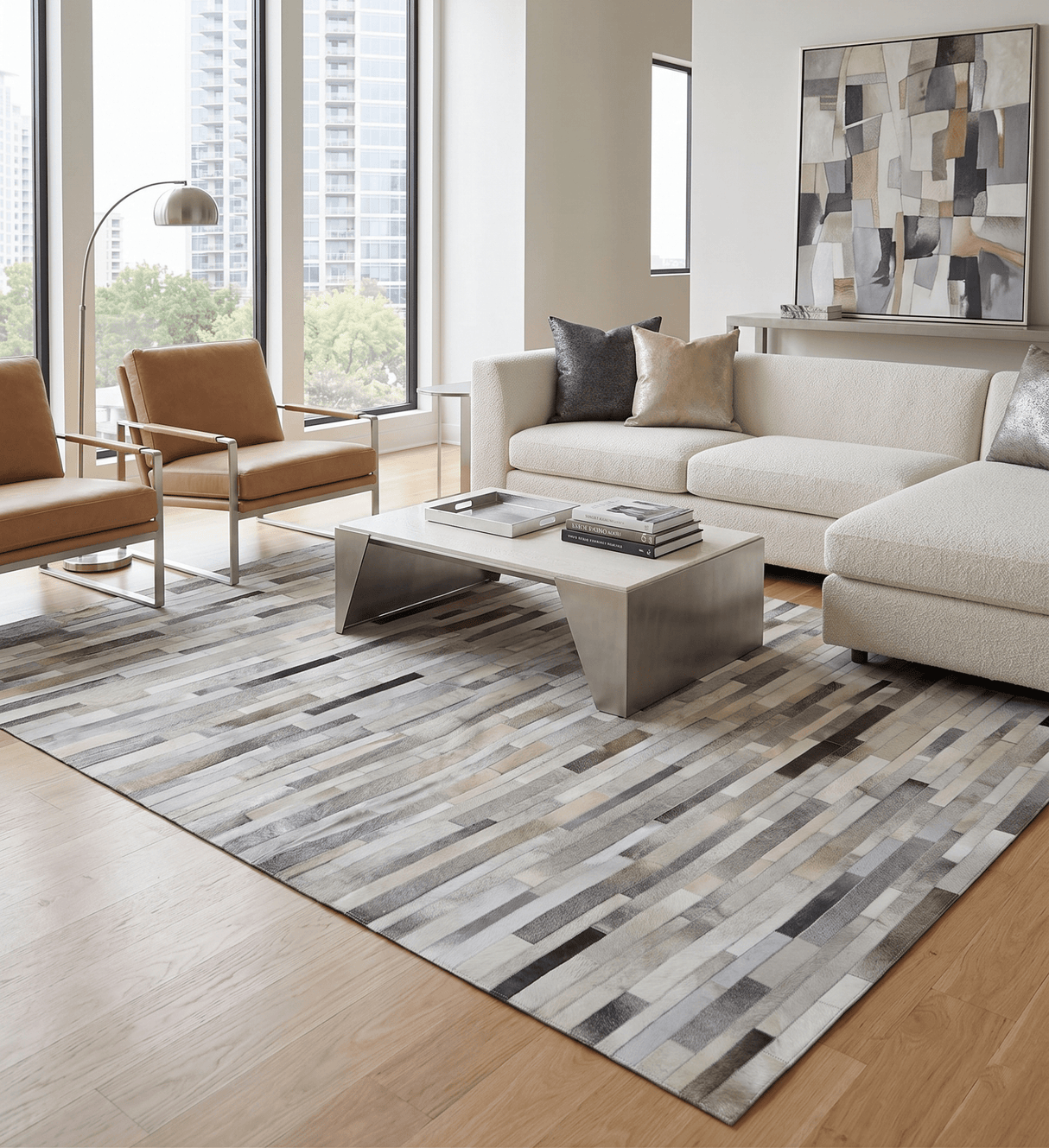 Modern Geometrical Leather Striped Silver and Ivory Leather Custom Made Area Rug