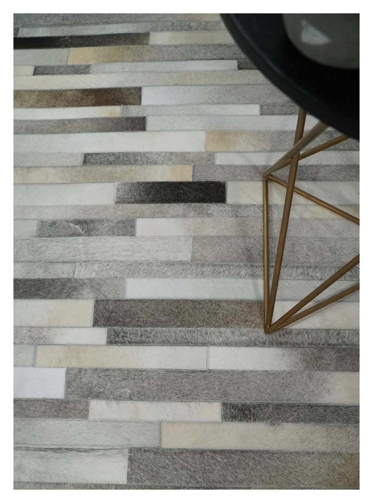 Modern Geometrical Leather Striped Silver and Ivory Leather Custom Made Area Rug