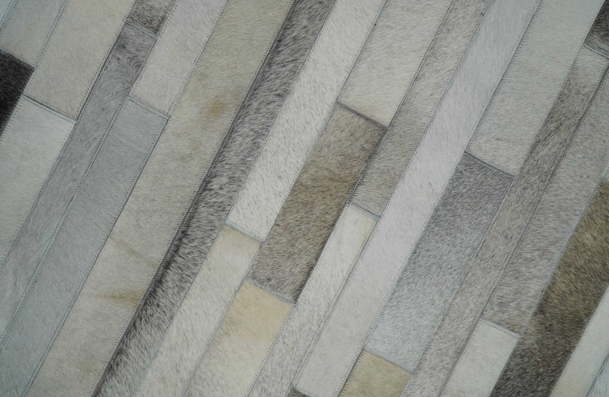 Modern Geometrical Leather Striped Silver and Ivory Leather Custom Made Area Rug