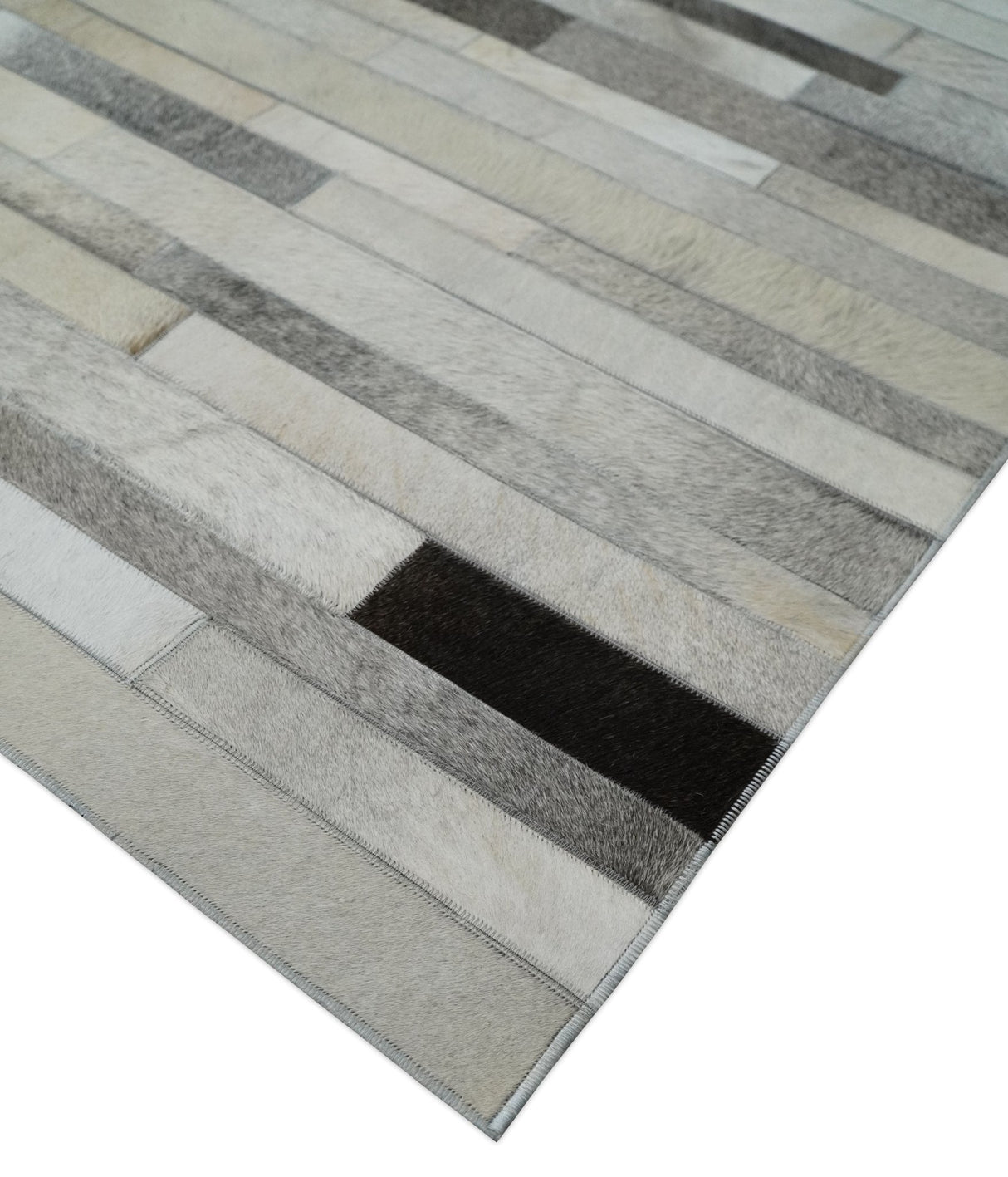 Modern Geometrical Leather Striped Silver and Ivory Leather Custom Made Area Rug