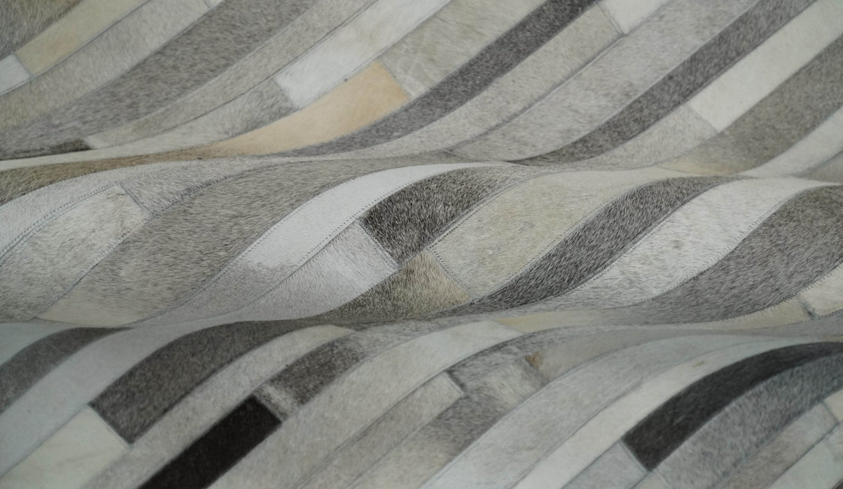Modern Geometrical Leather Striped Silver and Ivory Leather Custom Made Area Rug