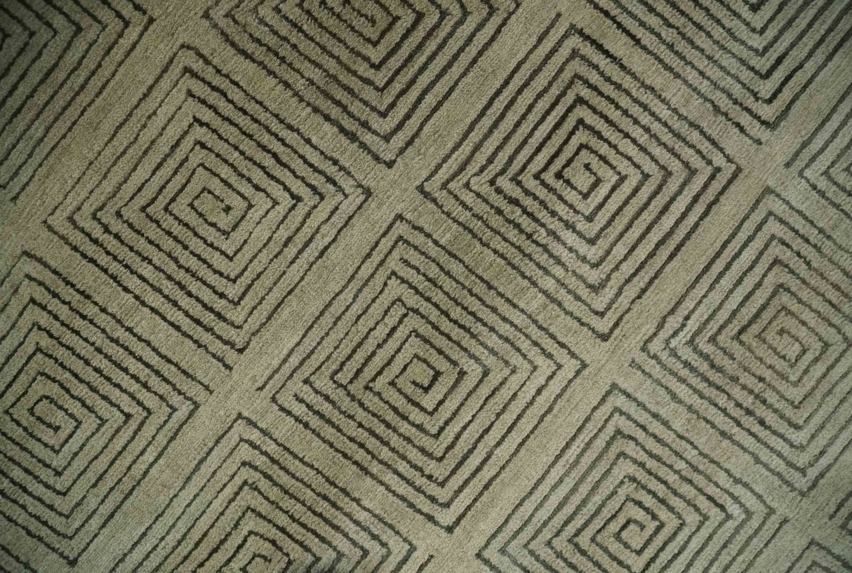 Modern Geometrical Olive and Charcoal Hand loom 5x7 Wool and Art Silk Area Rug-Area Rug-Parc Decor