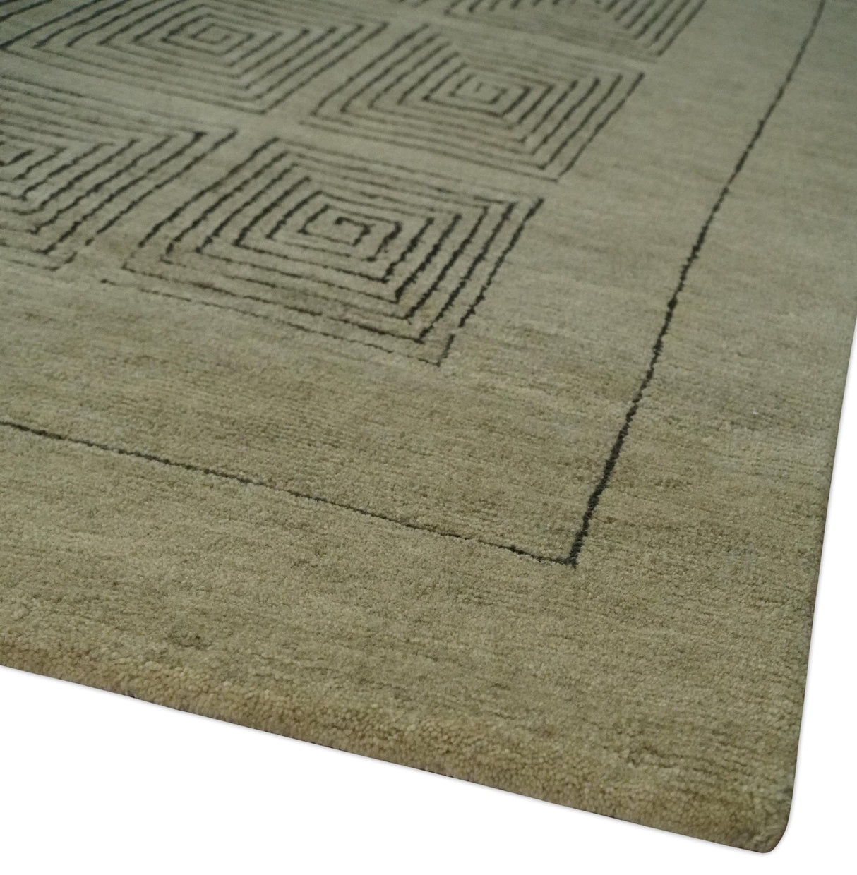 Modern Geometrical Olive and Charcoal Hand loom 5x7 Wool and Art Silk Area Rug-Area Rug-Parc Decor