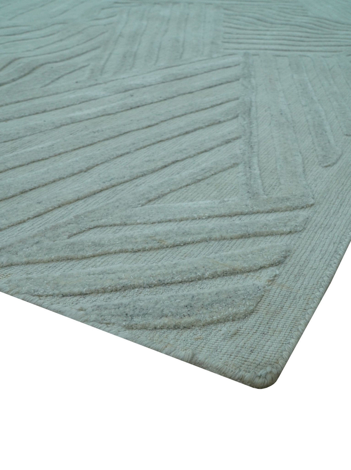 Modern Geometrical Pattern Ivory and Silver Hand Knotted 10x13 Wool Rug