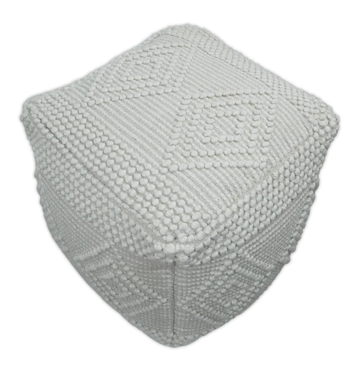 Modern Geometrical Pattern White Hand Woven Wool Pouf