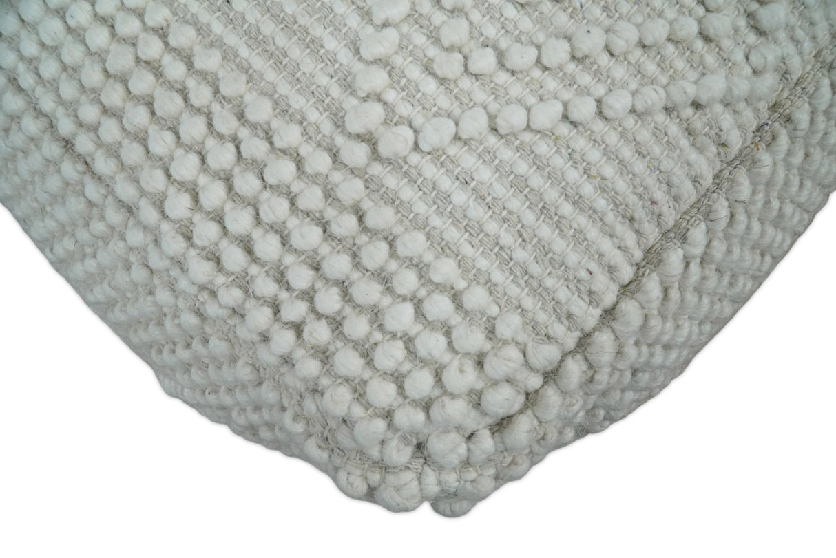 Modern Geometrical Pattern White Hand Woven Wool Pouf