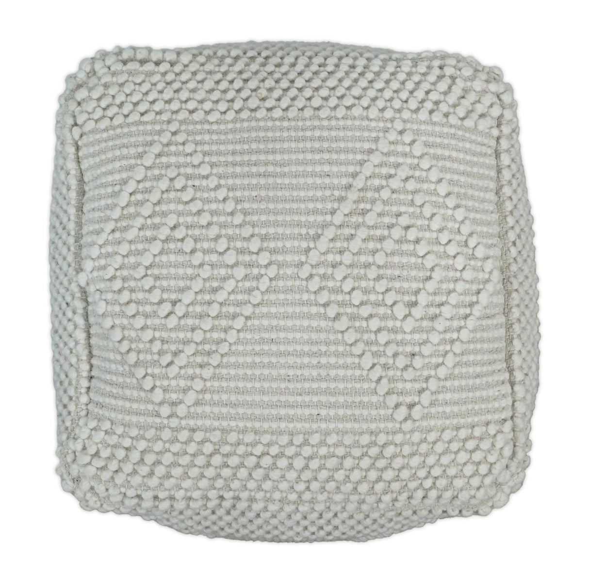 Modern Geometrical Pattern White Hand Woven Wool Pouf
