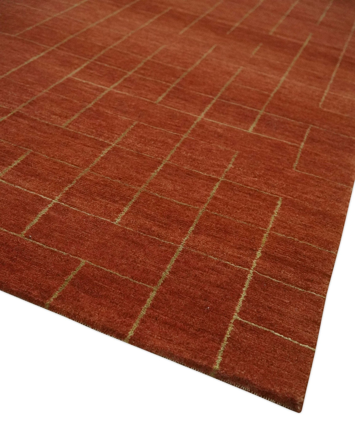Modern Geometrical Rust and Gold 6x9 Hand loom Wool and Art Silk Area Rug-Area Rug-Parc Decor