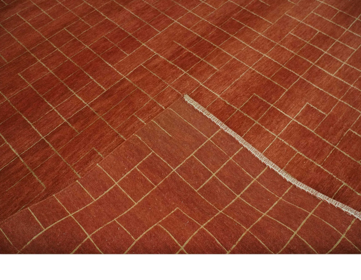 Modern Geometrical Rust and Gold 6x9 Hand loom Wool and Art Silk Area Rug-Area Rug-Parc Decor
