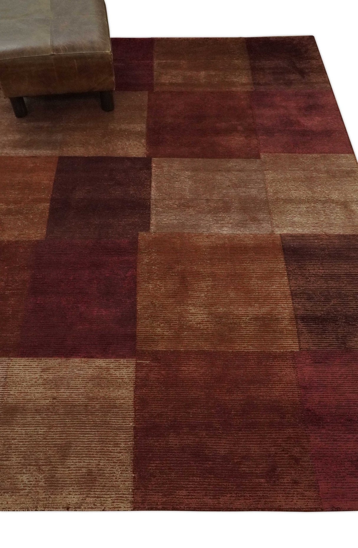 Modern Geometrical Square Shades of Brown Hand Knotted Stripes texture 4.6x6.6 wool and art silk Area rug-Area Rug-Parc Decor