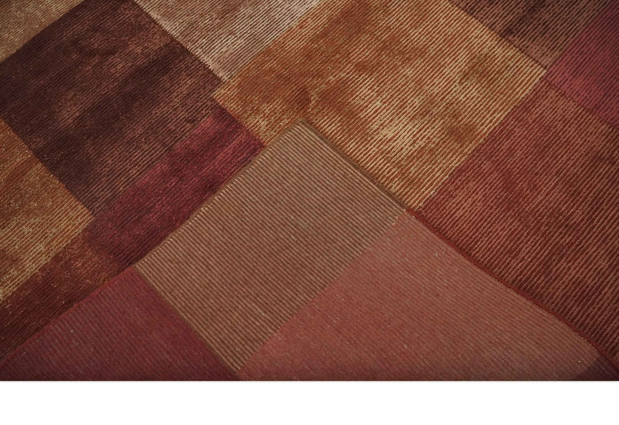 Modern Geometrical Square Shades of Brown Hand Knotted Stripes texture 4.6x6.6 wool and art silk Area rug-Area Rug-Parc Decor
