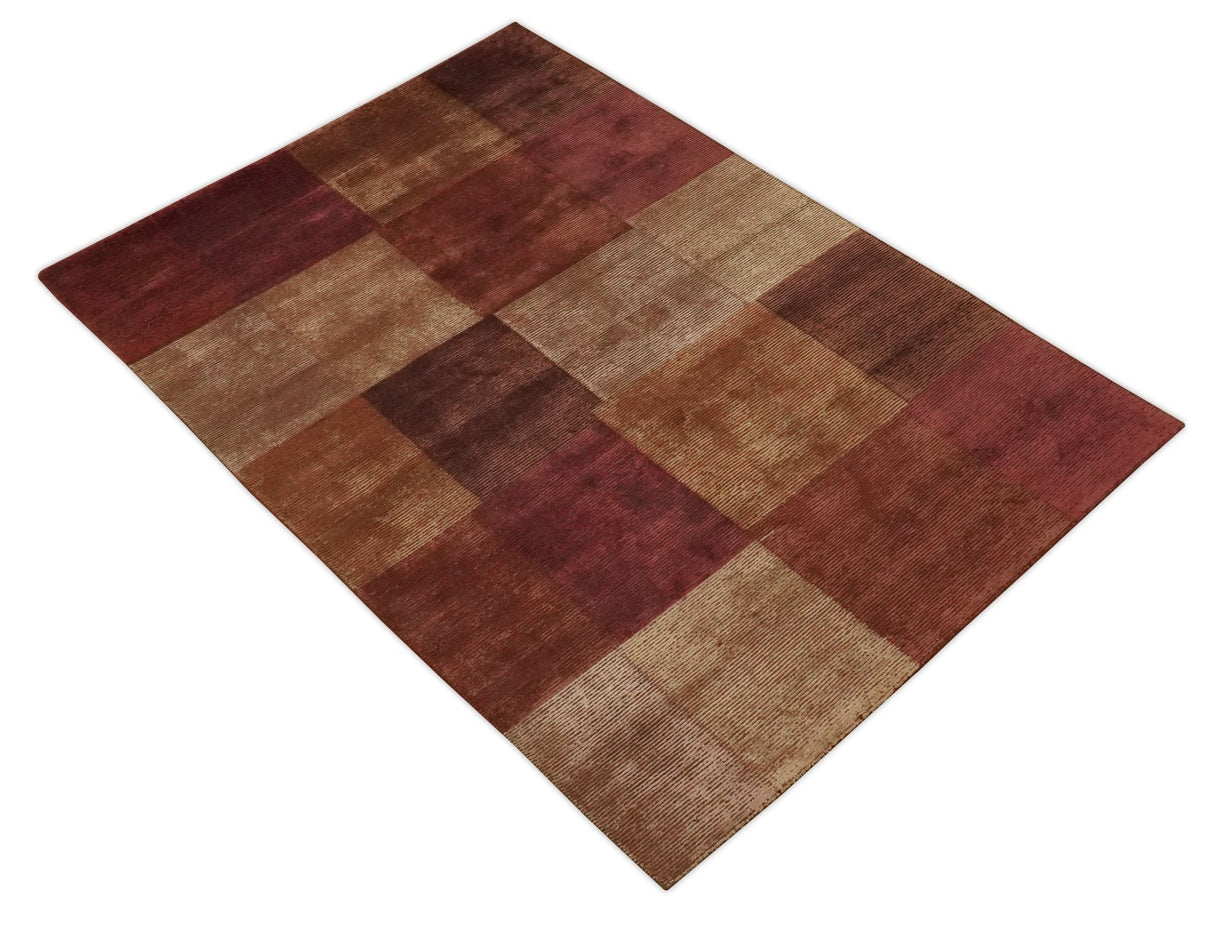 Modern Geometrical Square Shades of Brown Hand Knotted Stripes texture 4.6x6.6 wool and art silk Area rug-Area Rug-Parc Decor