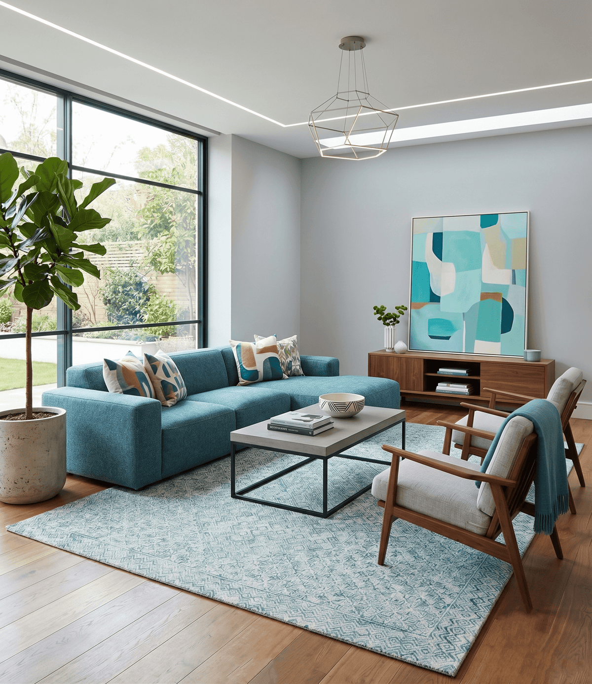 Modern Geometrical Teal and Ivory Hand Tufted Custom Made wool area rug
