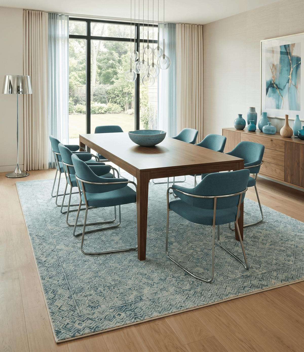 Modern Geometrical Teal and Ivory Hand Tufted Custom Made wool area rug