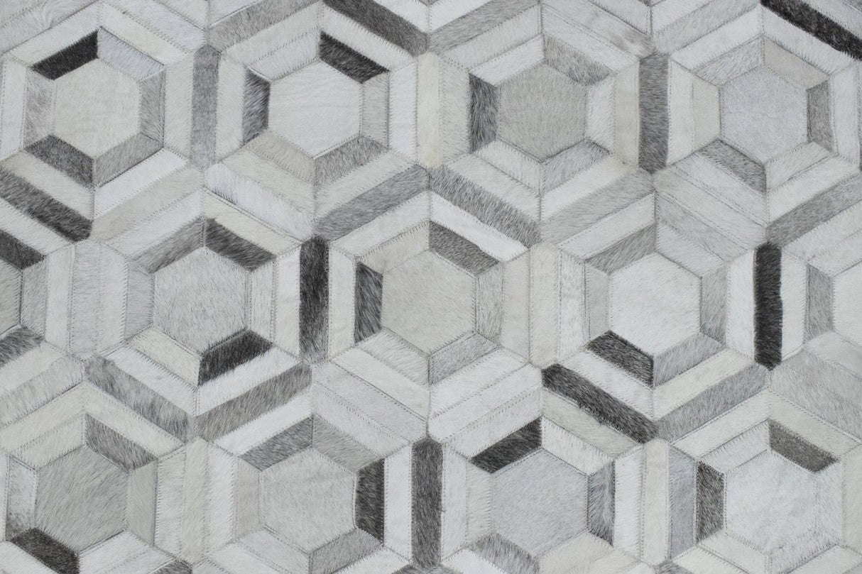 Modern Handmade Ivory and Silver Genuine Leather Area Rug