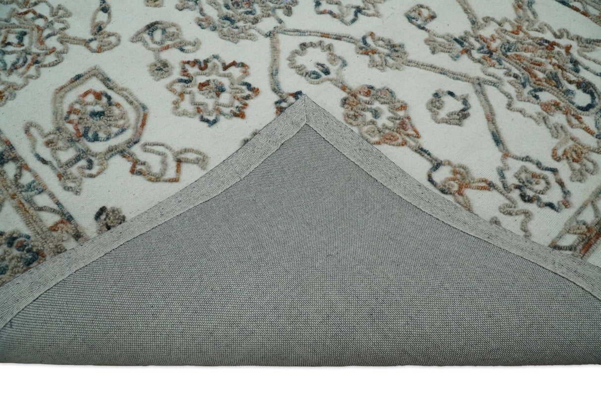 Modern Ivory And Blue Hand Tufted 5x8 Wool Textured Loop Area Rug