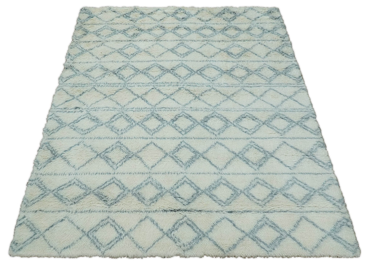 Modern Ivory and Blue Moroccan Hand Made Wool Area Rug