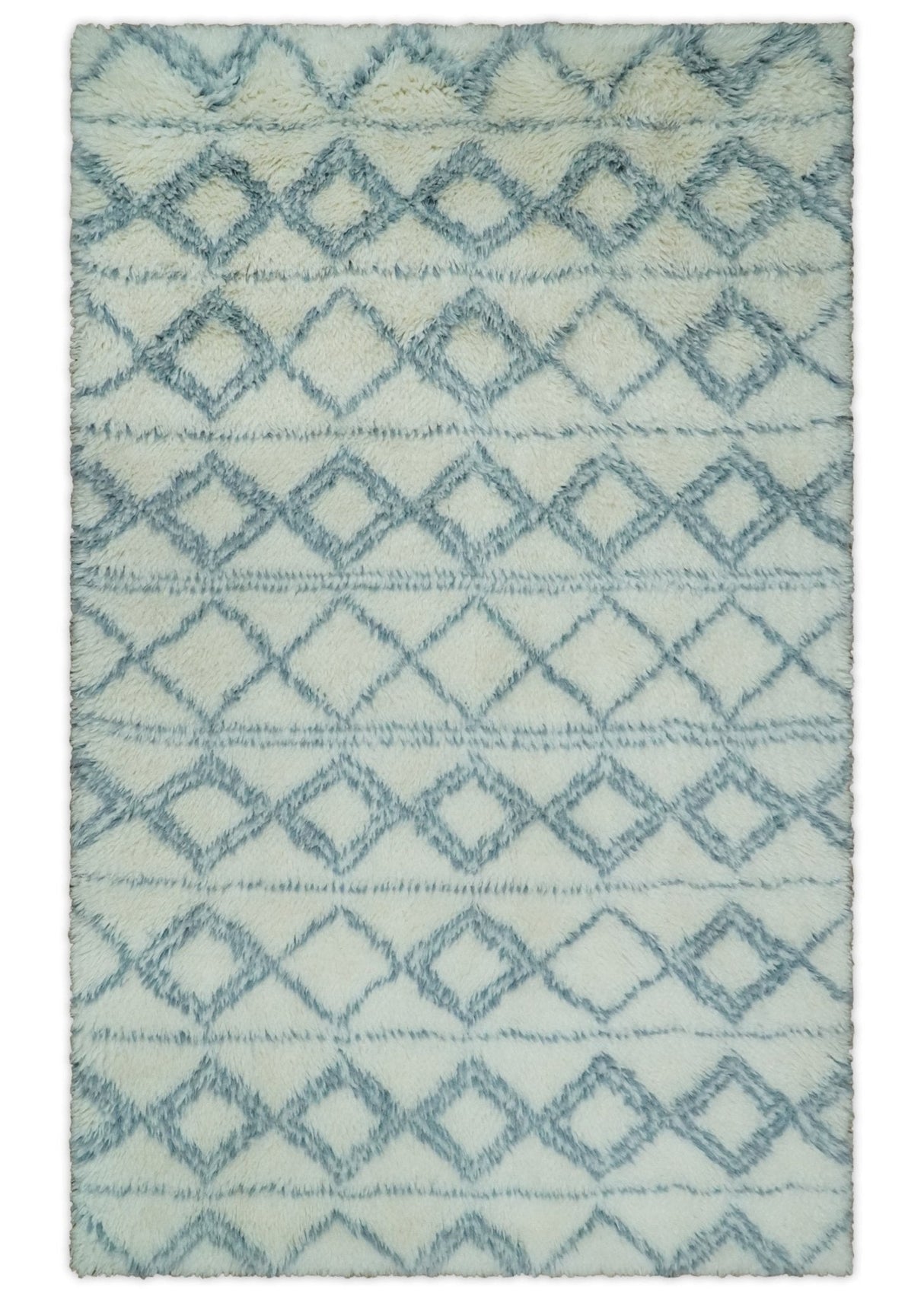 Modern Ivory and Blue Moroccan Hand Made Wool Area Rug