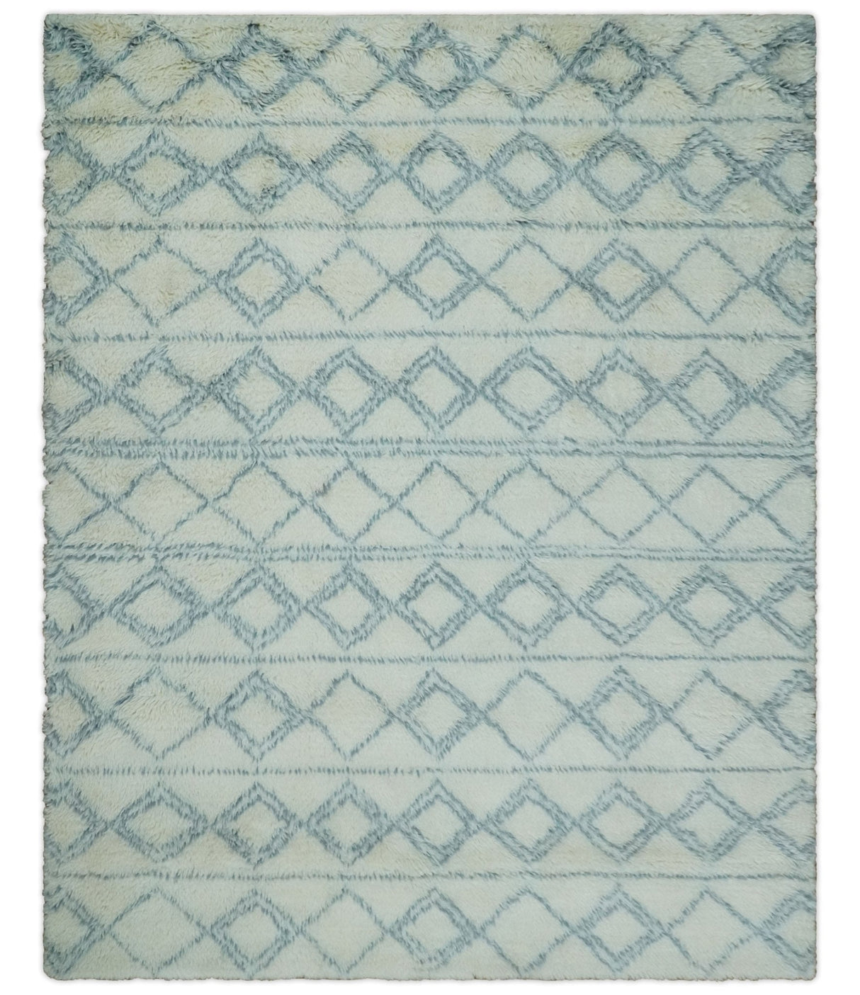 Modern Ivory and Blue Moroccan Hand Made Wool Area Rug