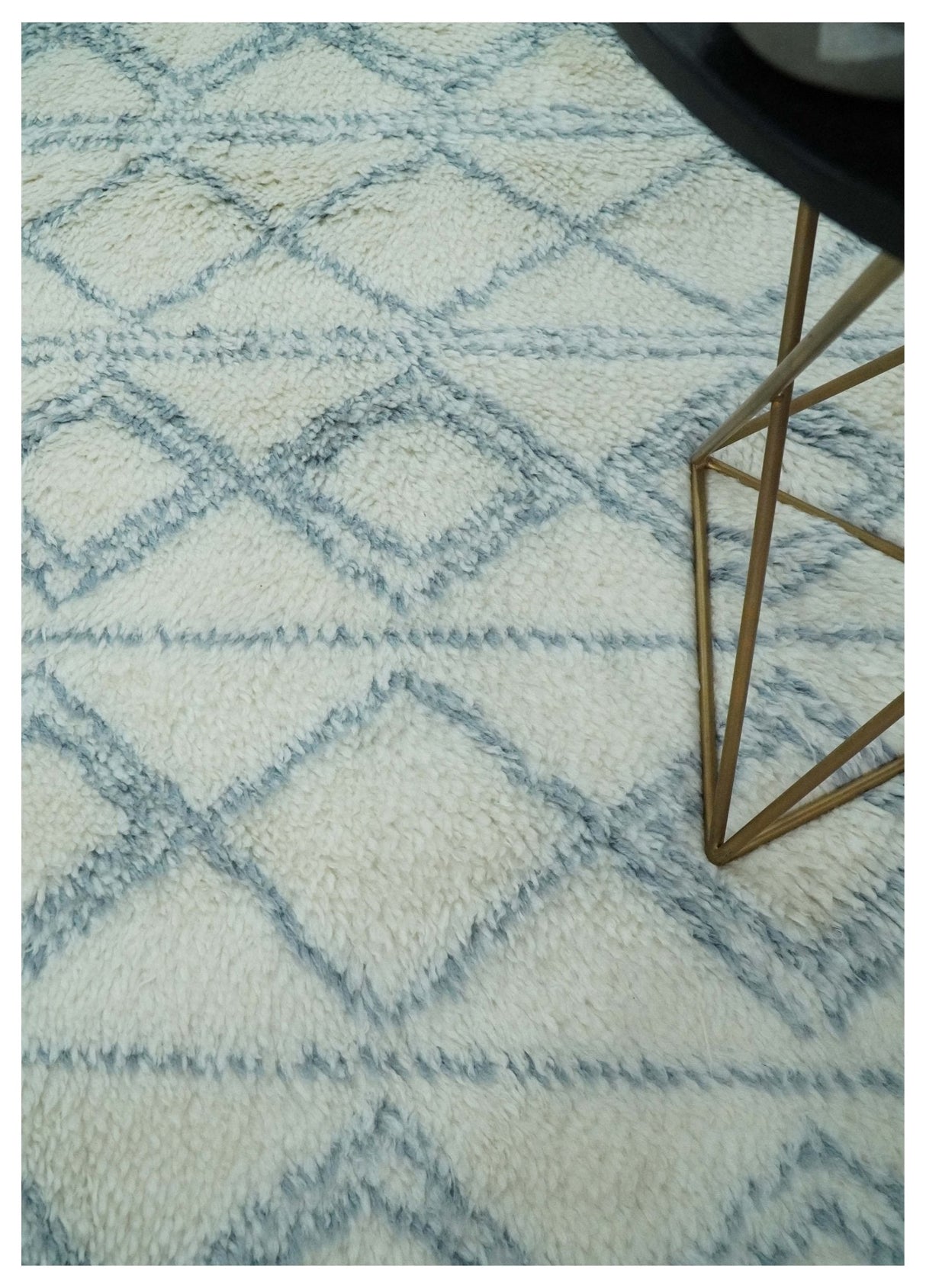 Modern Ivory and Blue Moroccan Hand Made Wool Area Rug