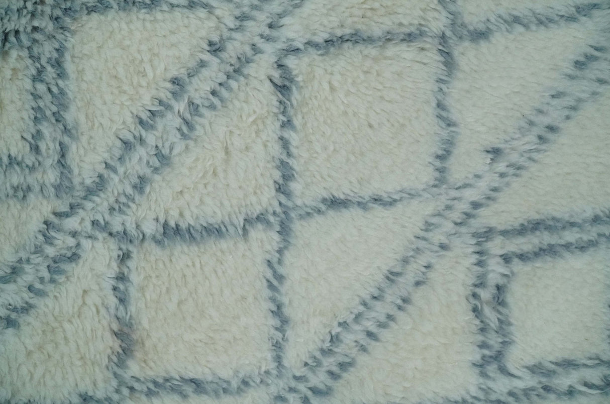 Modern Ivory and Blue Moroccan Hand Made Wool Area Rug