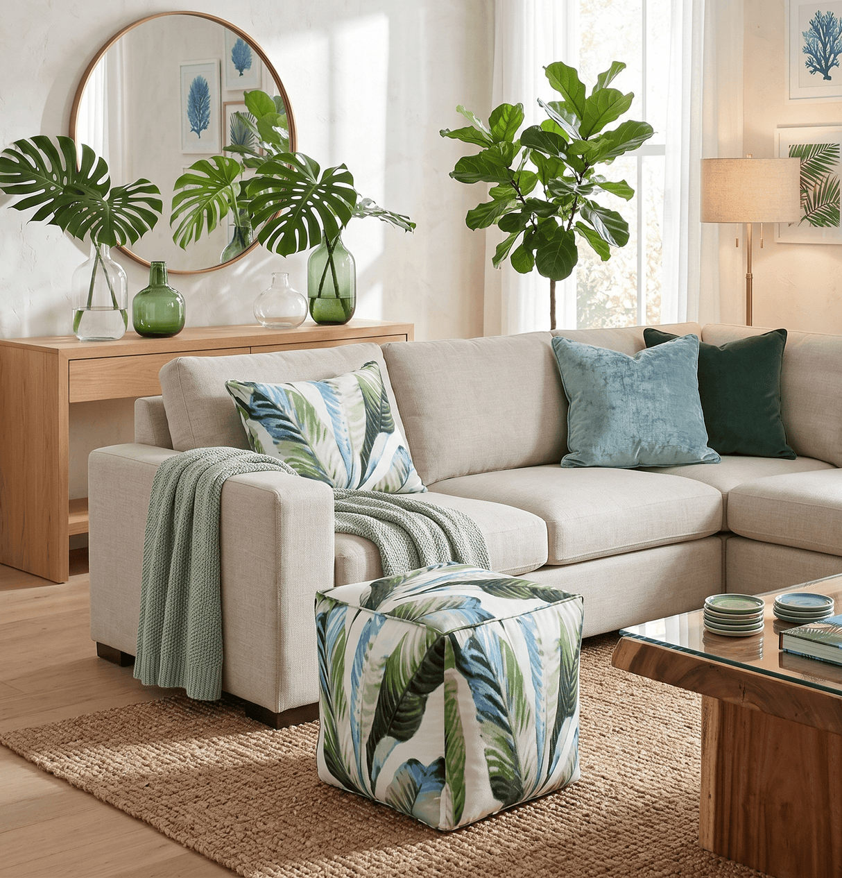 Modern Leaf Pattern Green And White Polyester Pouf