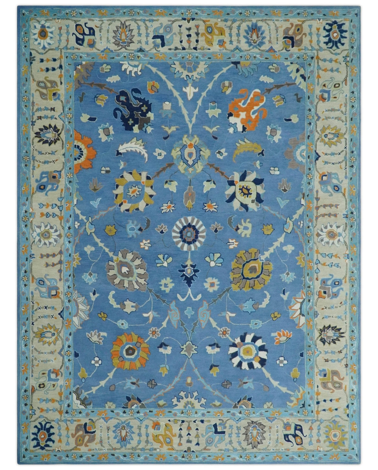 Modern Oushak Blue and Beige Hand Tufted Wool Area Rug
