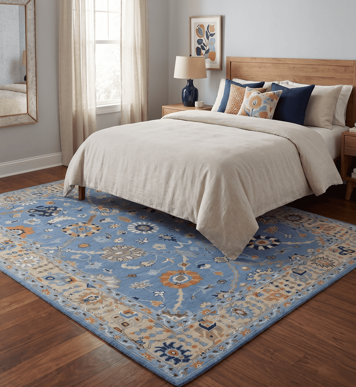 Modern Oushak Blue and Beige Hand Tufted Wool Area Rug