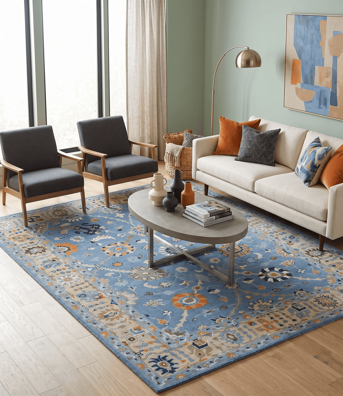 Modern Oushak Blue and Beige Hand Tufted Wool Area Rug