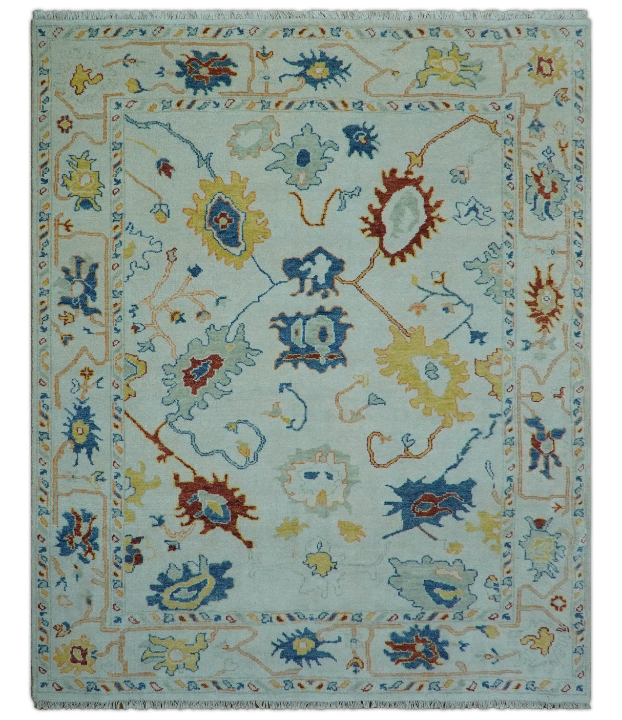 Modern Oushak Ivory And Blue Hand Knotted Wool Rug