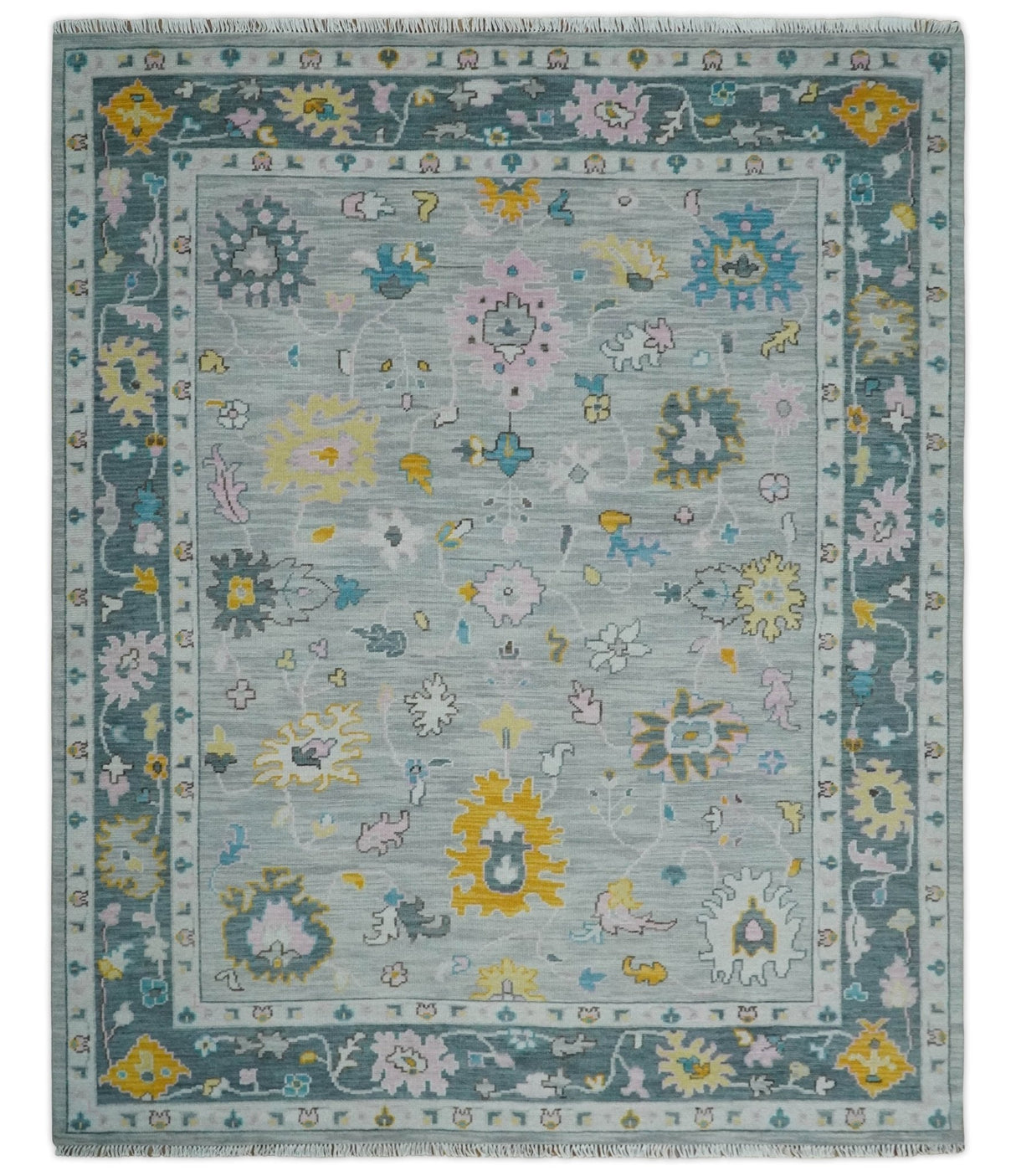 Modern Oushak Multi Size Silver and Teal Vibrant Colorful Hand knotted Wool Area Rug