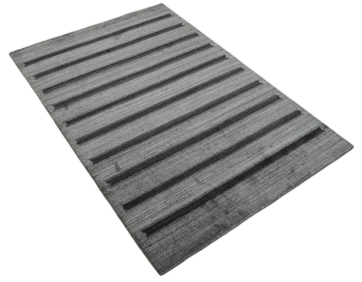 Modern Scandinavian Stripes Style 5x7 Silver and Gray Wool Hand Woven Area Rug