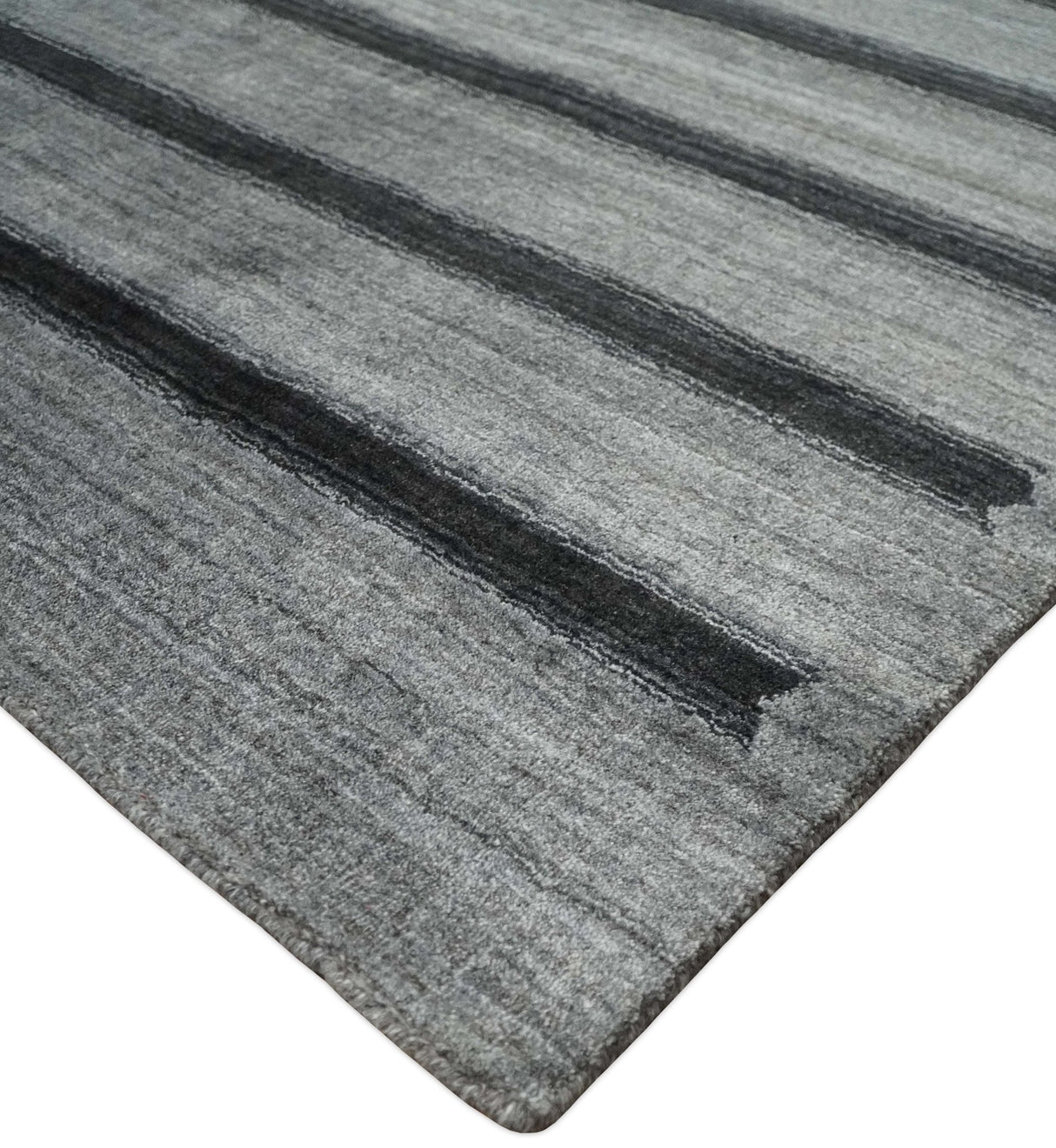 Modern Scandinavian Stripes Style 5x7 Silver and Gray Wool Hand Woven Area Rug