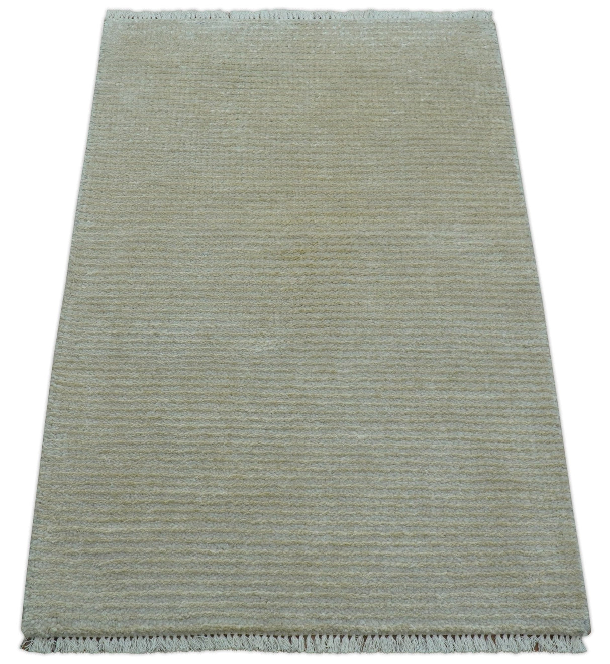 Modern Solid Design Beige Hand Knotted Wool And Silk Rug