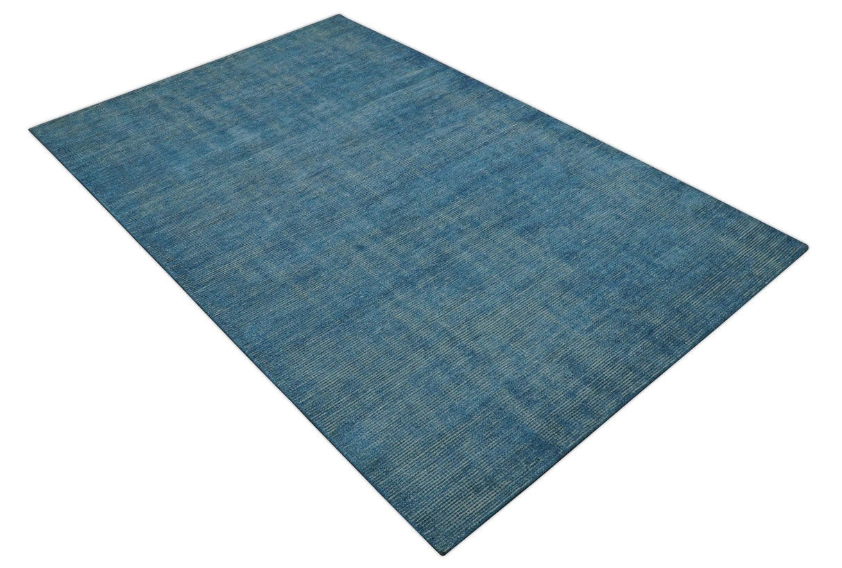 Modern Solid Design Gray And Blue 5x8 Hand Knotted Wool Area Rug
