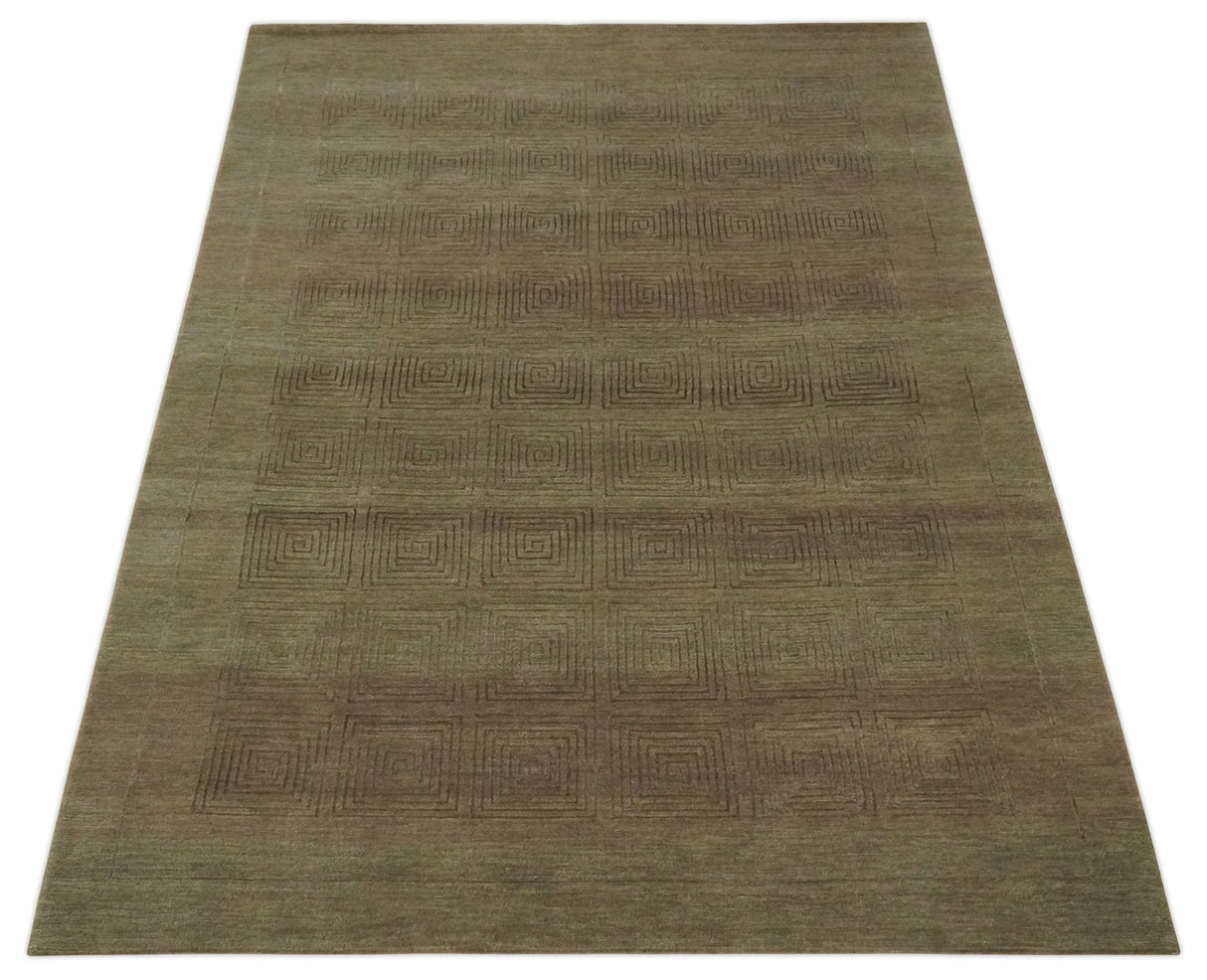 Modern Solid Olive Geometrical Pattern Contemporary Handloom 5x7 wool and Art silk Area Rug-Area Rug-Parc Decor
