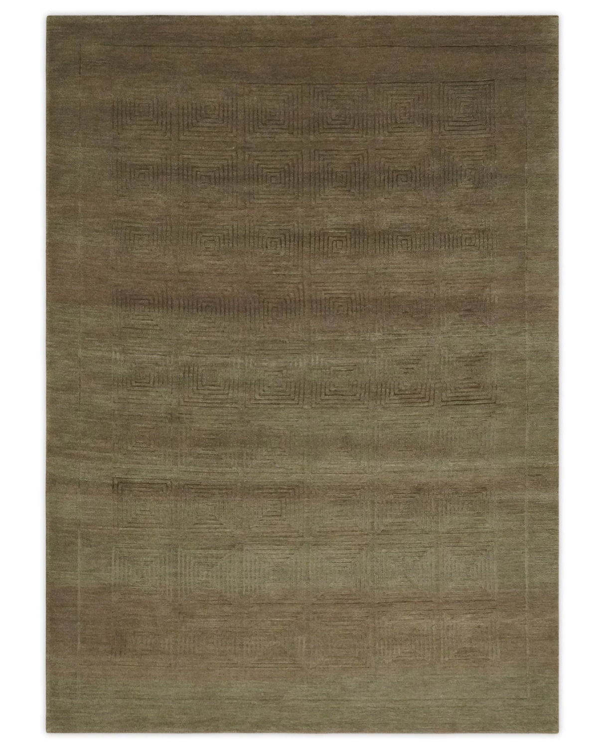 Modern Solid Olive Geometrical Pattern Contemporary Handloom 5x7 wool and Art silk Area Rug-Area Rug-Parc Decor