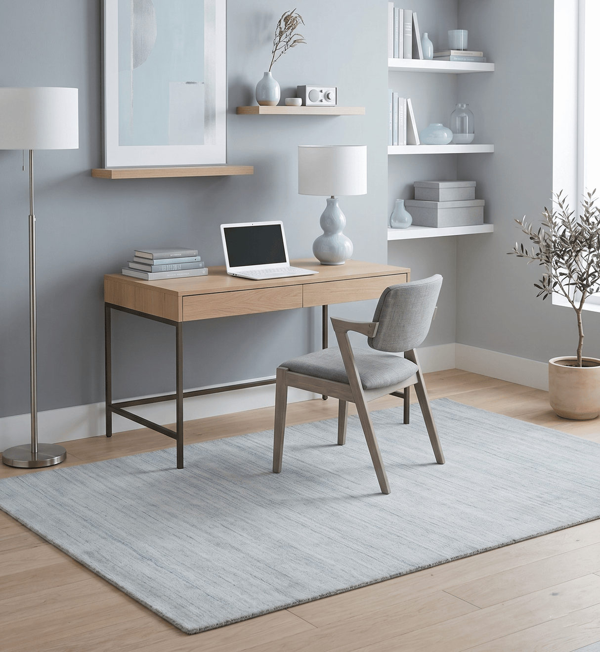 Modern Solid Silver and White 5x7 Blended Wool Hand woven Area Rug
