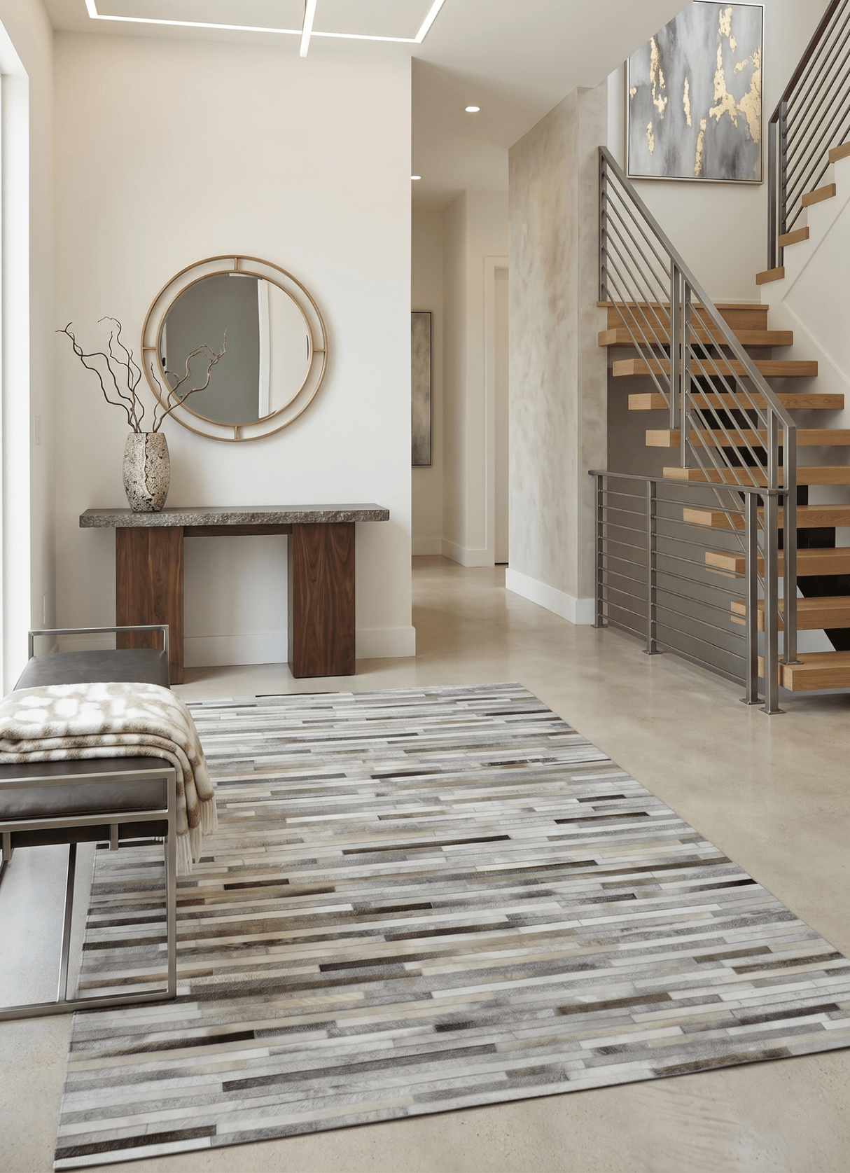 Modern Stripe Design Handmade 5x8 Beige and Ivory Leather Area Rug