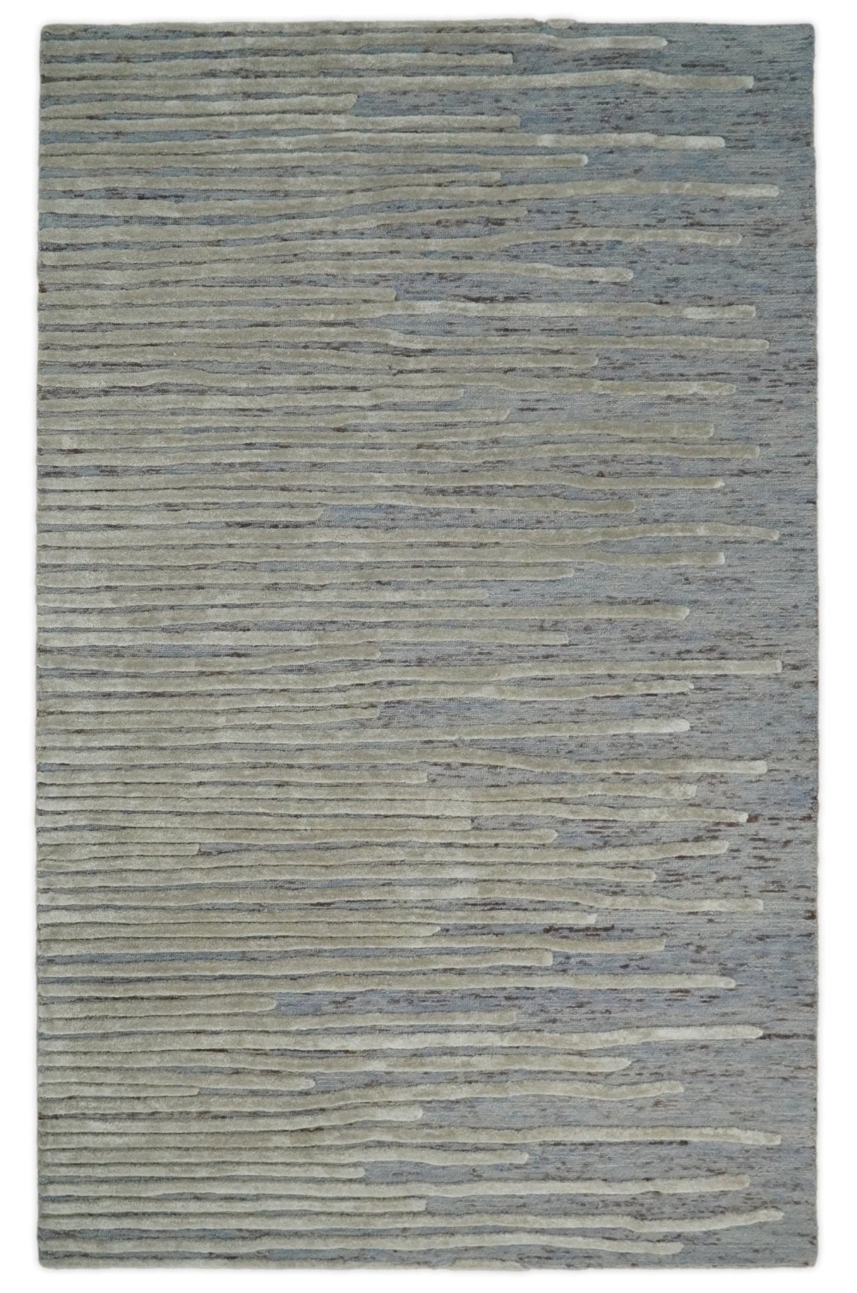 Modern Stripe Pattern Beige and Gray Hand Tufted Wool and Silk Area Rug