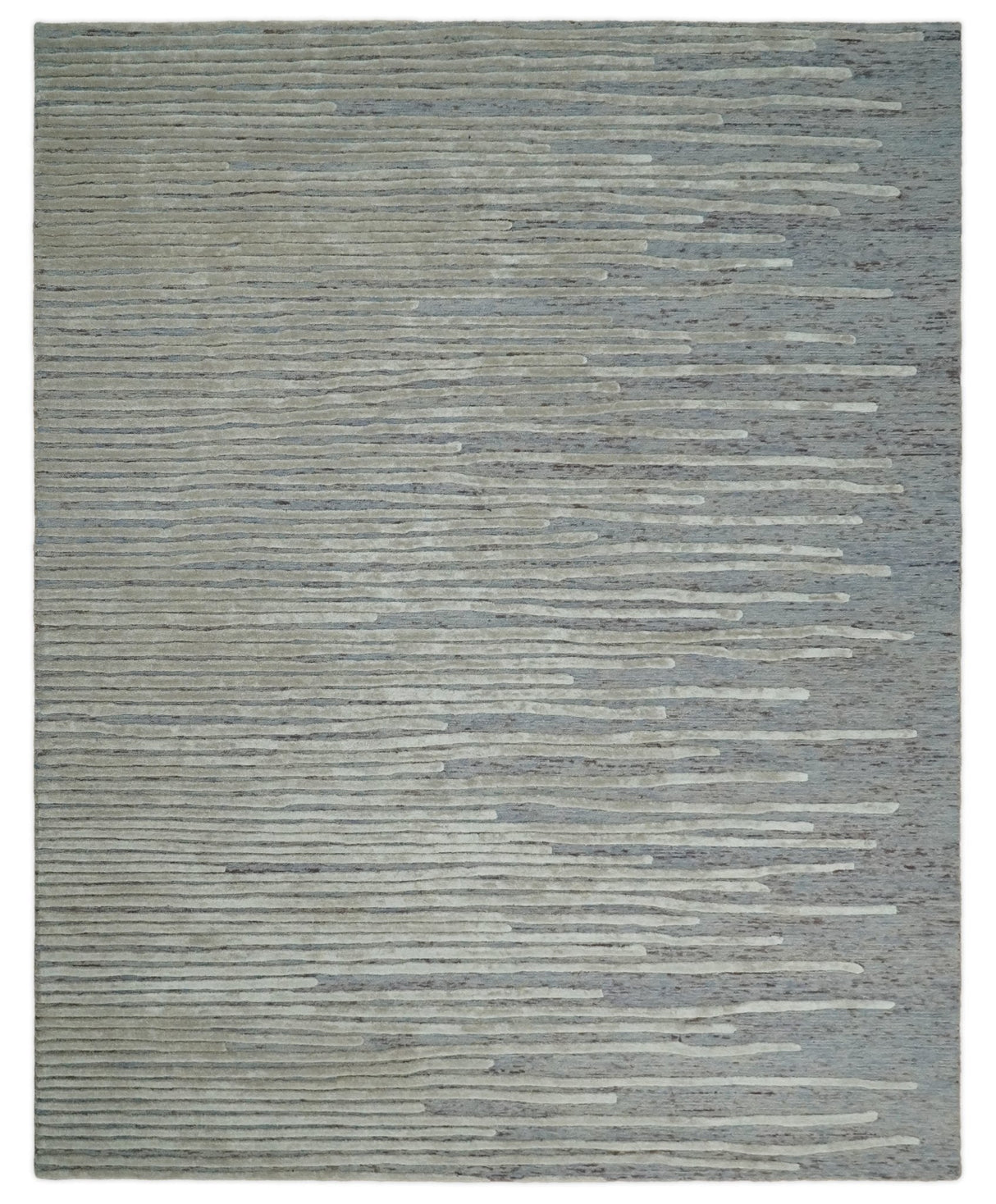 Modern Stripe Pattern Beige and Gray Hand Tufted Wool and Silk Area Rug