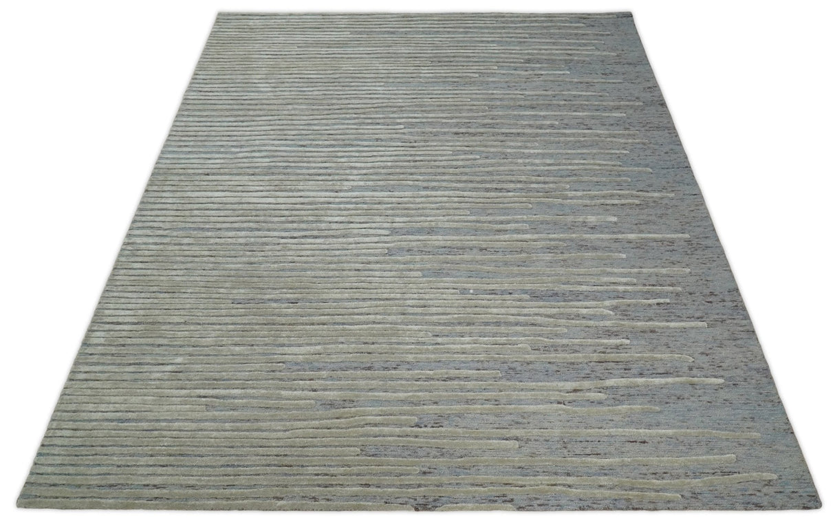 Modern Stripe Pattern Beige and Gray Hand Tufted Wool and Silk Area Rug