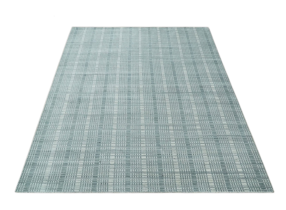 Modern Striped 8x10 Hand Made Ivory and Gray Blended Wool Area Rug